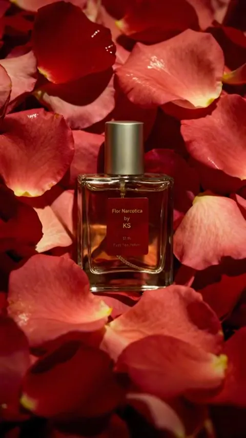 Свет потеплел, те же лепестки стали алыми. Флакон не двигался — изменился только цвет освещения, и с ним всё прочтение с