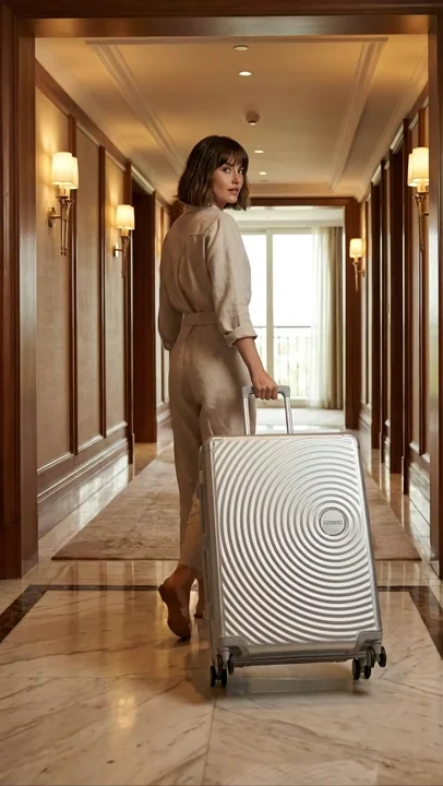 ИИ видео на товар чемодан American Tourister Soundbox Alu 77 см